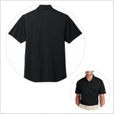 Mens black polo shirt shown from front and back 