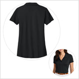 Ladies black polo shirt shown from front and back