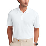 Man wearing a white 2 button polo shirt with khaki pants