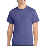 Person wearing a heather purple t-shirt on a white background