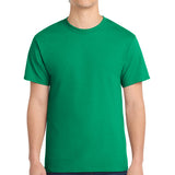 Person wearing a green t-shirt on a white background