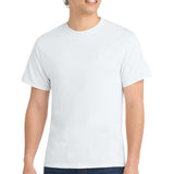 Person wearing a plain white t-shirt on a white background